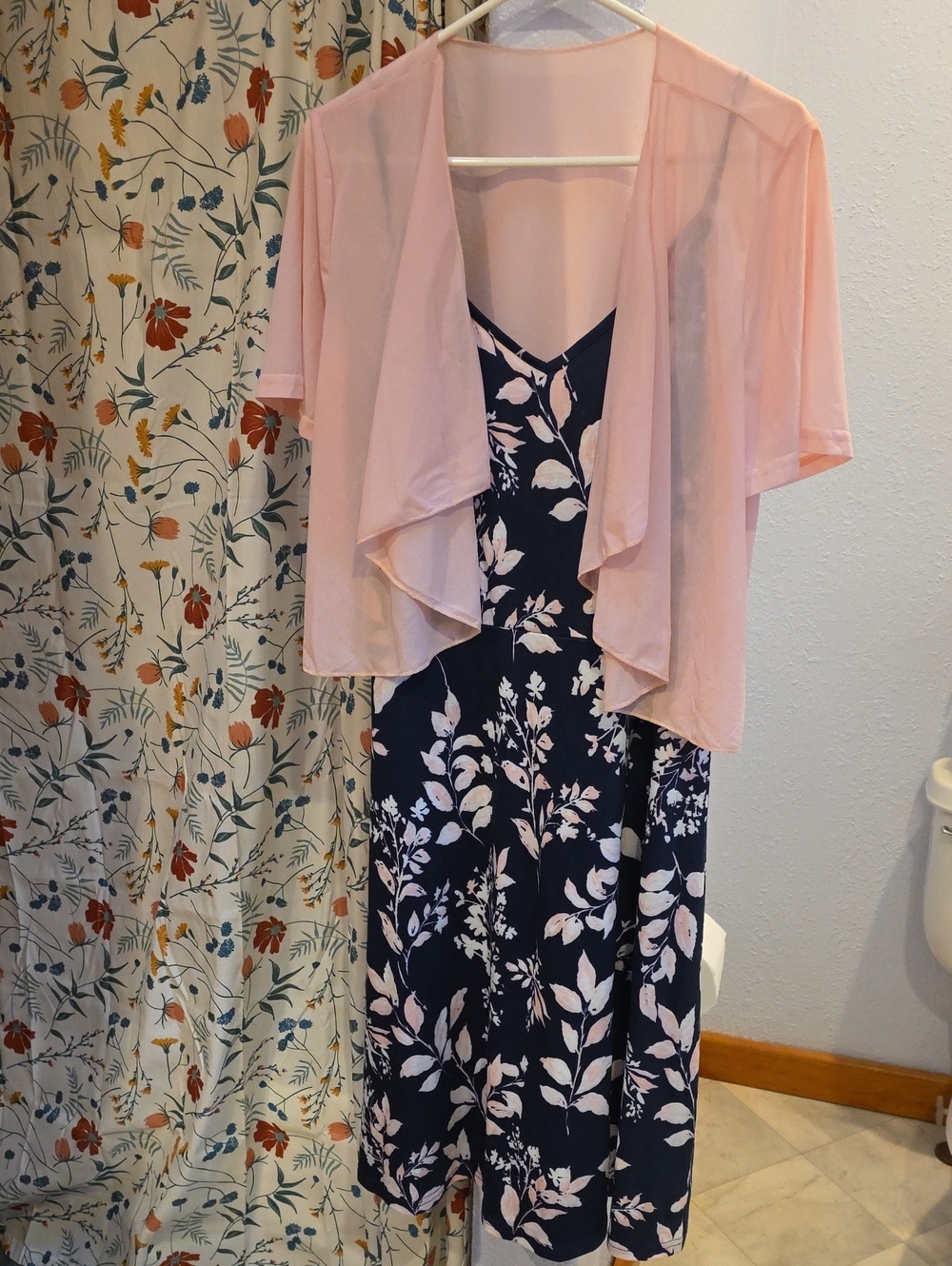 Navy Floral Midi Dress with Light Pink Sheer Cardigan